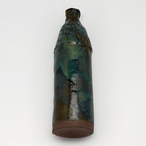 Studio Pottery Vase Signed TK 9" Blue Green Drip Glaze Bottle Form Art Pottery